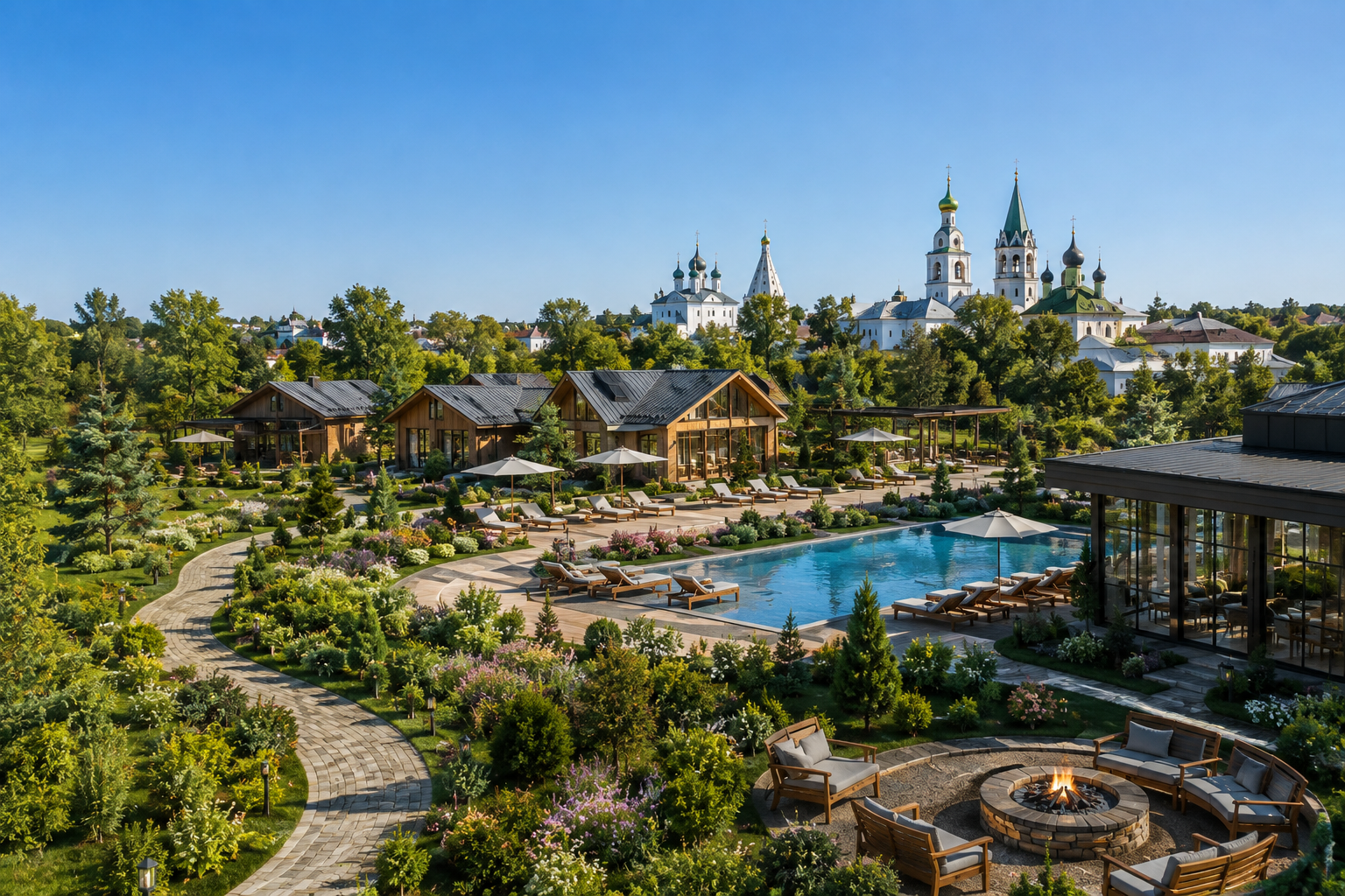 Визуализация круглогодичного SPA-отеля с гостевыми домами и общественными пространствами в Суздале